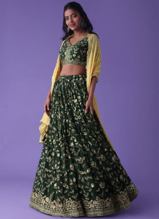 Deserving Green Georgette Lehenga Choli with Embroidered, Sequins and Zari Work
