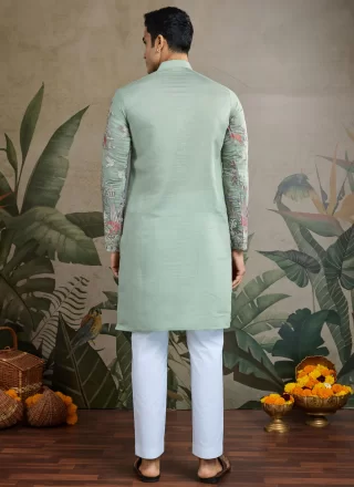 Deserving Green Silk Kurta Mens Wear with Embroidered Work