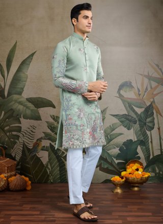 Deserving Green Silk Kurta Mens Wear with Embroidered Work