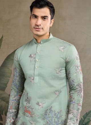 Deserving Green Silk Kurta Mens Wear with Embroidered Work