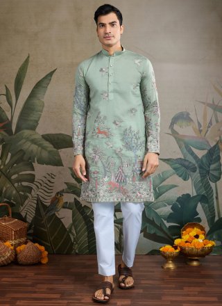 Deserving Green Silk Kurta Mens Wear with Embroidered Work