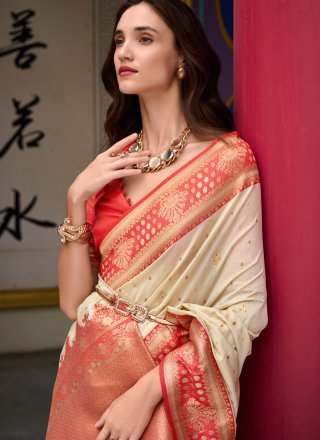 Desirable Beige Banarasi Silk Contemporary Saree with Woven and Zari Work