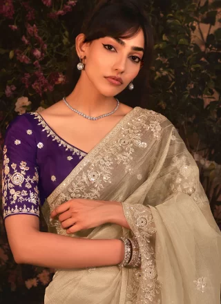 Desirable Beige Organza Classic Sari with Patch Border, Cut, Embroidered, Sequins and Zari Work
