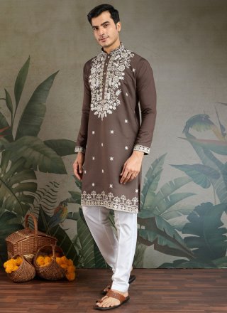 Desirable Brown Silk Kurta Mens Wear with Embroidered, Sequins and Thread Work