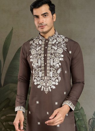 Desirable Brown Silk Kurta Mens Wear with Embroidered, Sequins and Thread Work