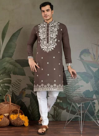 Desirable Brown Silk Kurta Mens Wear with Embroidered, Sequins and Thread Work