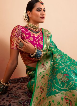 Desirable Green Paithni Trendy Saree with Patch Border, Weaving and Zari Work