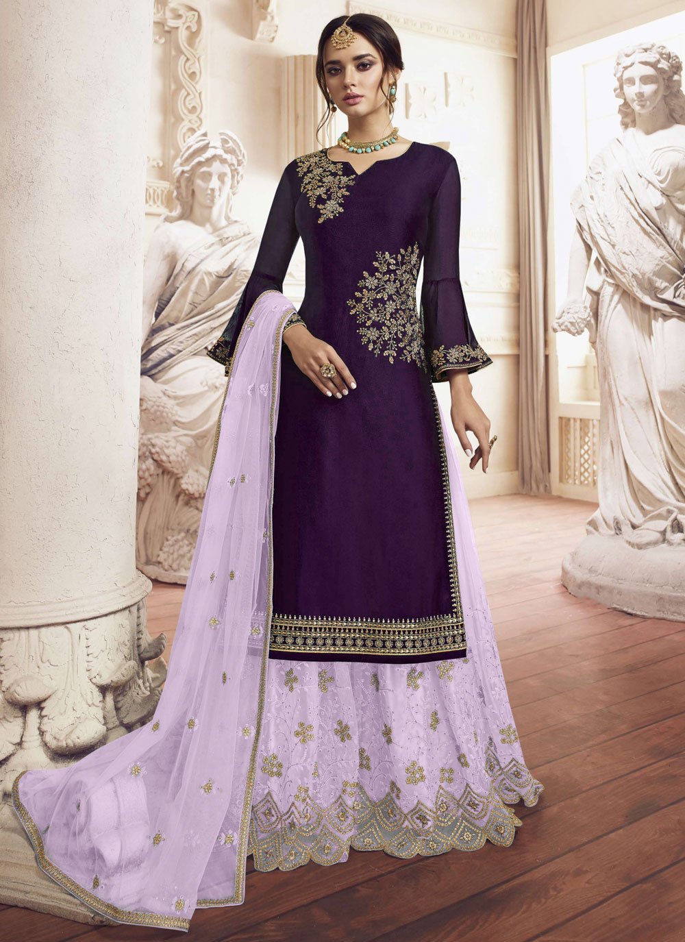 Desirable Purple Georgette Salwar Suit with Embroidered, Stone and Zari Work - Main Image