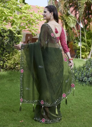 Diamond and Hand Work Chiffon Contemporary Saree In Green for Ceremonial