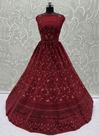 Diamond, Dori, Embroidered, Fancy, Floral Patch and Thread Work Net Lehenga Choli In Red