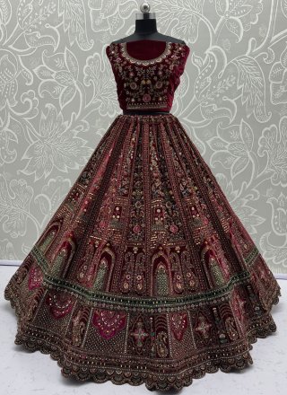 Diamond, Dori, Embroidered, Fancy, Hand, Mirror, Sequins and Zari Work Velvet A - Line Lehenga Choli In Maroon for Bridal