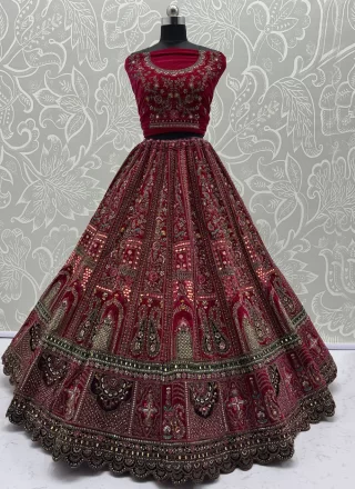 Diamond, Dori, Embroidered, Fancy, Hand, Mirror, Sequins and Zari Work Velvet A - Line Lehenga Choli In Pink and Rani for Bridal