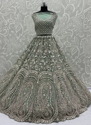 Diamond, Dori, Embroidered, Fancy, Sequins, Thread and Zircon Work Net Lehenga Choli In Green for Ceremonial