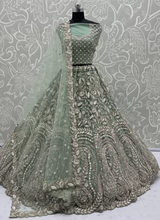 Diamond, Dori, Embroidered, Fancy, Sequins, Thread and Zircon Work Net Lehenga Choli In Green for Ceremonial