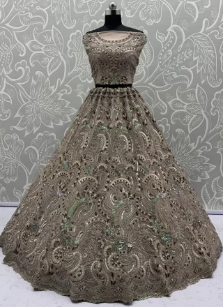 Diamond, Dori, Embroidered, Multi, Sequins, Thread, Zari and Zircon Work Net Lehenga Choli In Brown