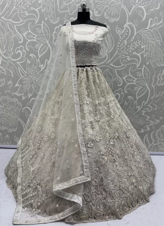 Diamond, Embroidered, Multi, Sequins, Thread and Zircon Work Net Lehenga Choli In White