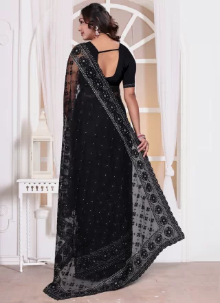 Diamond, Embroidered, Resham, Zari and Zircon Work Net Classic Saree In Black for Ceremonial