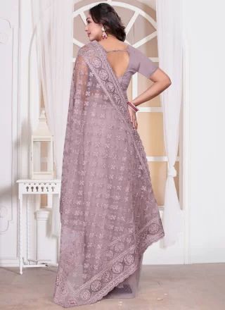 Diamond, Embroidered, Resham, Zari and Zircon Work Net Classic Sari In Lavender for Ceremonial