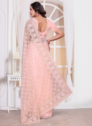 Diamond, Embroidered, Resham, Zari and Zircon Work Net Contemporary Saree In Peach Colour