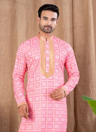 Digital Print and Embroidered Work Art Silk Kurta Pyjama In Pink Color