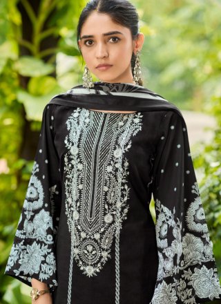 Digital Print and Embroidered Work Cotton Salwar Suit In Black for Casual
