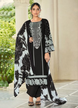 Digital Print and Embroidered Work Cotton Salwar Suit In Black for Casual