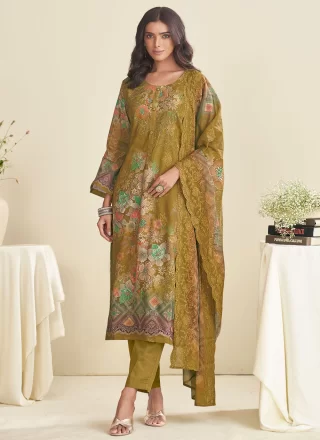 Digital Print and Embroidered Work Cotton Salwar Suit In Green