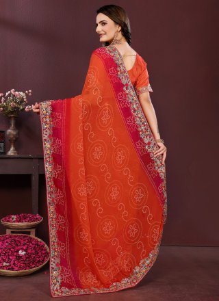 Digital Print and Embroidered Work Georgette Classic Sari In Orange