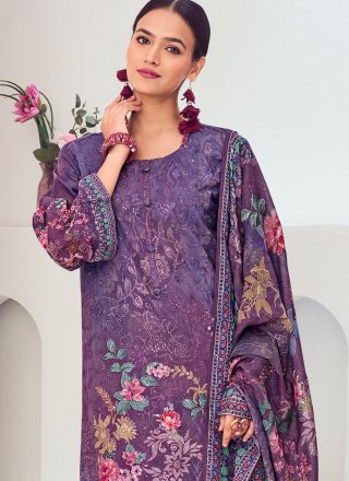Digital Print and Embroidered Work Muslin Salwar Suit In Violet for Ceremonial