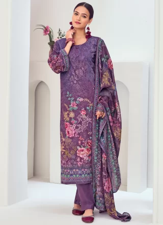 Digital Print and Embroidered Work Muslin Salwar Suit In Violet for Ceremonial