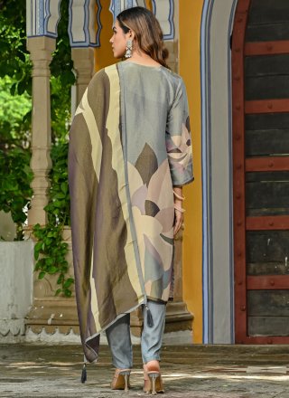 Digital Print and Embroidered Work Tissue Pant Style Suit In Grey for Ceremonial