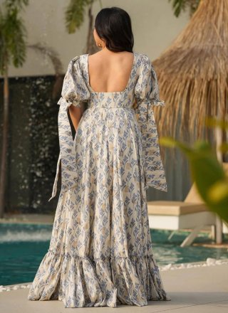 Digital Print and Fancy Work Cotton Gown In Off White