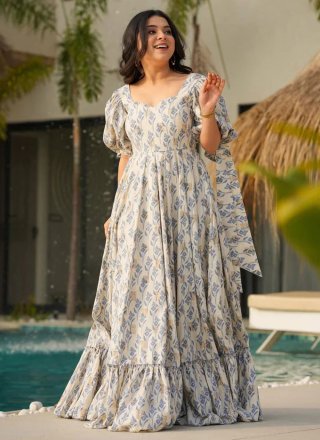 Digital Print and Fancy Work Cotton Gown In Off White