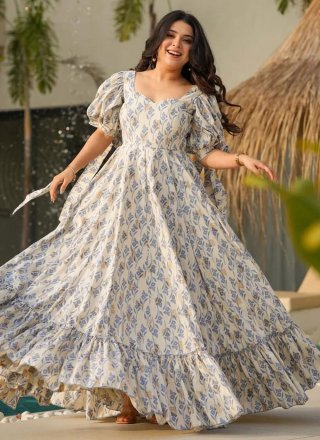 Digital Print and Fancy Work Cotton Gown In Off White