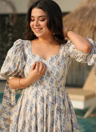 Digital Print and Fancy Work Cotton Gown In Off White