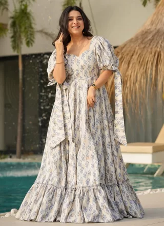 Digital Print and Fancy Work Cotton Gown In Off White