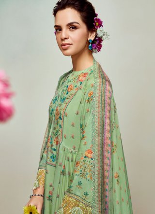 Digital Print and Floral Patch Work Muslin Salwar Suit In Green for Ceremonial