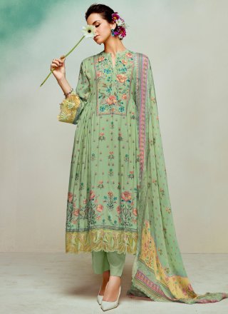 Digital Print and Floral Patch Work Muslin Salwar Suit In Green for Ceremonial