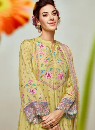 Digital Print and Floral Patch Work Muslin Salwar Suit In Yellow Color