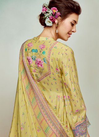 Digital Print and Floral Patch Work Muslin Salwar Suit In Yellow Color