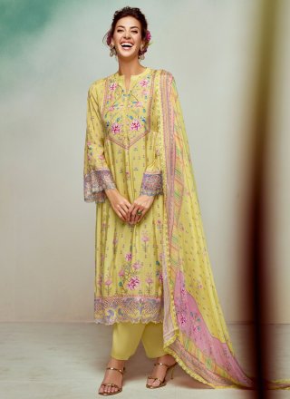 Digital Print and Floral Patch Work Muslin Salwar Suit In Yellow Color