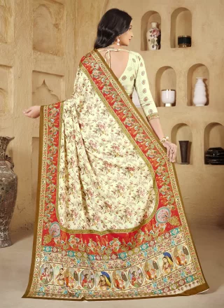 Digital Print and Foil Print Work Crepe Silk Classic Sari In Green