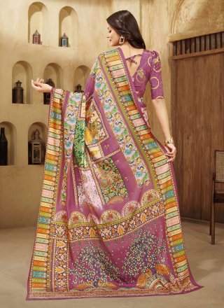 Digital Print and Foil Print Work Crepe Silk Classic Sari In Lavender