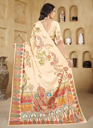 Digital Print and Foil Print Work Crepe Silk Contemporary Saree In Cream