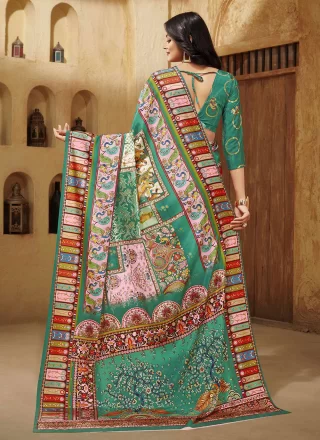 Digital Print and Foil Print Work Crepe Silk Trendy Saree In Green