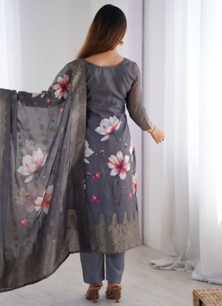 Digital Print and Jacquard Work Chanderi Silk Salwar Suit In Grey for Festival