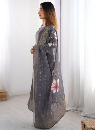 Digital Print and Jacquard Work Chanderi Silk Salwar Suit In Grey for Festival