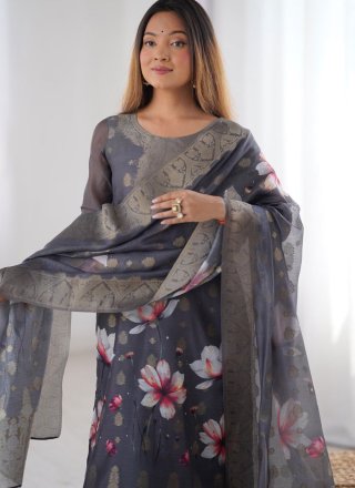 Digital Print and Jacquard Work Chanderi Silk Salwar Suit In Grey for Festival