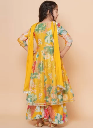 Digital Print and Lace Work Chanderi Silk Readymade Salwar Suit In Yellow