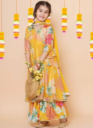Digital Print and Lace Work Chanderi Silk Readymade Salwar Suit In Yellow